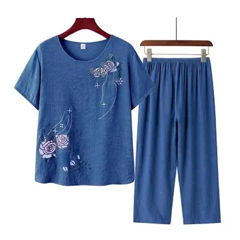 Pidžamas sieviešu plus lieluma sleepwear pijamas uzstādīt kokvilnas veļa miega topi + apgriezts bikses divas gabals uzvalks jaunu pijama feminino 4XL