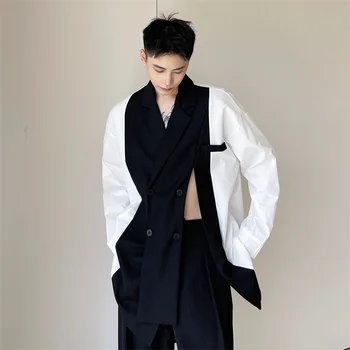 Vīriešu Uzvalks Apkakle Melnā, Baltā Salaist Dubultā Krūtīm, Šķeltas Zaudēt Gadījuma Modes Krekls Vīriešu Japāna Korejas Streetwear Modes Krekli