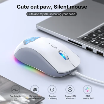 RGB Vadu Apgaismojums Peli ar Cute Kaķu Ķepu 6 Līmeņu Regulēšana 7200 DPI Precīza Optiskā Klusums Spēļu Peles USB Peles
