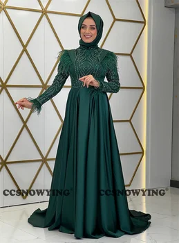 Satīna Fāzēm Sequin Spalvu Garām Piedurknēm Musulmaņu Vakara Kleita Ar Augstu Kakla Līniju Arābu Dubaija Oficiālā Puse Kleitas Drēbes De Soire