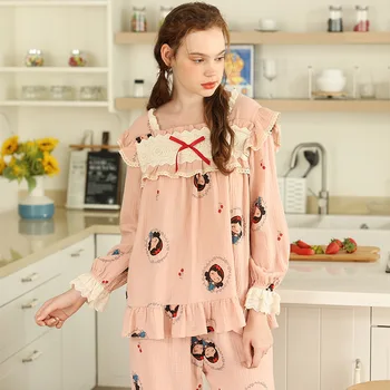 Jauku Ziedu Drukāt Tīras Kokvilnas Pidžamas Komplekts Sievietēm Rudens Jaunas Atpūtas Uzvalks Mājas Apģērbu Ar Garām Piedurknēm Dienas Sleepwear Nightclothes