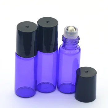 1gb 5ml Rullīšu Stikla Pudelītes Smaržas Smaržas Ēteriskās Eļļas Tukšs Zils Jar 5CC Roll-On Melnu Plastmasas Vāciņu Pudele
