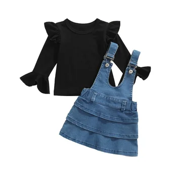6M-4Y Bērniem, Baby Meitene ar garām Piedurknēm Kokvilnas T-krekls Topi Džinsa Zeķu Svārki 2GAB Tērpiem Modes Bērni Meiteņu Apģērba Komplekts