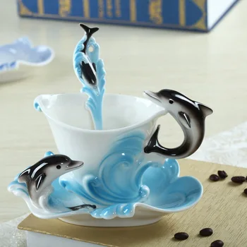 Modes Japānas un korejas personības emaljas delfīnu radošo kafijas tasi eleganta keramikas krūze