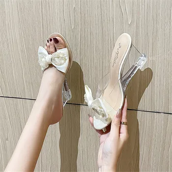 Jaunā Sieviešu Loku Čības Āra Apģērbs Atvērtu Purngalu Augstiem Papēžiem Mūļu Crystal Caurspīdīga Sūkņi Dāmas Sexy Sandales Modelis Catwalk Apavi