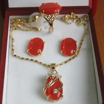 Vairumtirdzniecības 13*18mm naudas sodu gem oranžs sarkans opāls gredzenu, auskaru &kulons modes rotaslietas komplekts