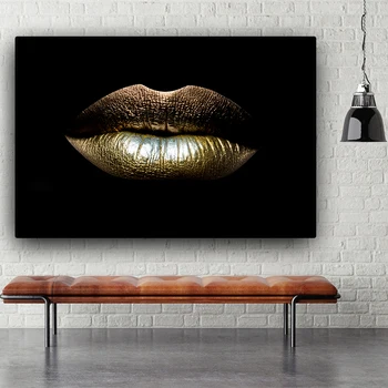 90x100cm Melnā un Zelta Sexy Lūpām, Eļļas Glezna uz Audekla Grima Mākslas Cuadros Plakāti un Izdrukas Sienas Mākslas Aina Dzīvojamā Istaba