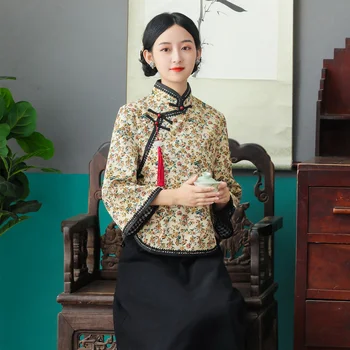 Sheng Coco Ķīna Stilu Ziedu Qipao Topi Komplekti Septiņu Punktu Mežģīņu Piedurknēm, Sieviešu Mēteli Ziemas Ķīnas tautas Tērps Lager Izmērs 4XL