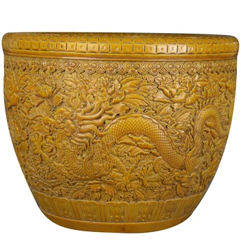 Antīko Qing Qianlong Dzeltenu Glazūru Griešanai ar Dragon un Phoenix, Modelis Podi, Pods Liela Āra