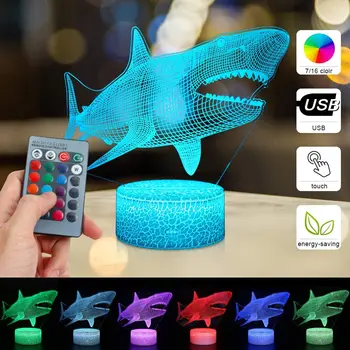 3D LED Radošo Krāsains Haizivju Nakts Gaisma Dāvanu Galda Lampa Vizuālo Lampas 16 Krāsas ar Remote un Touch Kontroli Dekori Gaismas