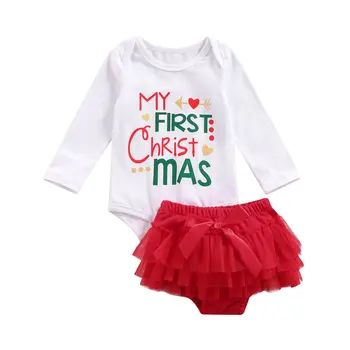 2gab Cute bērnu Baby Meitenes Ziemassvētku Apģērbu Komplekti 0-24M Vēstuli Izdrukāt garām Piedurknēm Romper Mežģīnes Tutu Bikses, Kokvilnas Ziemassvētki Tērpiem