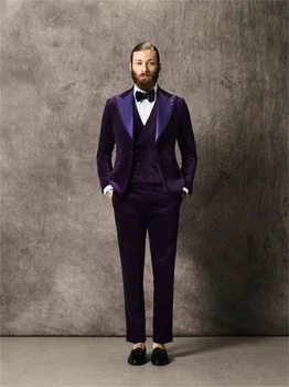 Velevt 3 Gabals Vīriešu Uzvalki Uzstādīt Žakete+Veste+Bikses Pasūtījuma Lieluma Modes Kāzu Līgavainis Tuxedos Balli Mētelis Biznesa Kostīms Jaka