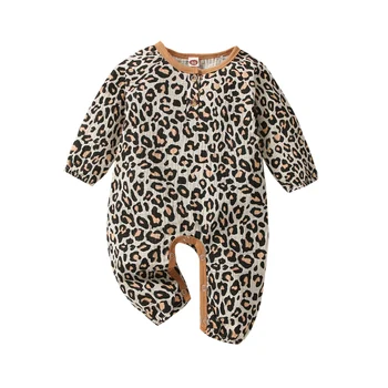 Jaundzimušais Meitene Leopards Drukāt Romper Garām Piedurknēm Veļa Pogu Playsuit Krist Ziemas Apģērbs