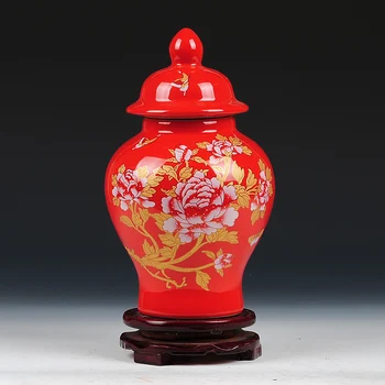 Jingdezhen Keramikas Ingvers burciņa Ķīnas Sarkanā Peonija Uzglabāšanas templis jar Mājas Mēbeles, porcelāna, keramikas jar