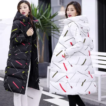 2022. gada ziemas jauno drukāt uz leju kokvilnas jaka slim jaka sieviešu kapuci ilgi, dāmas apģērbu ikdienas jaka sieviešu modes W611