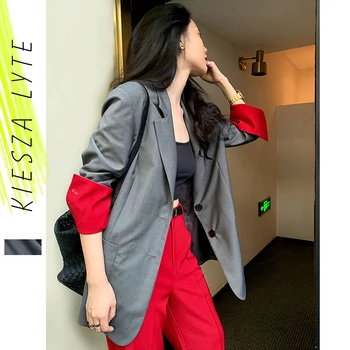 Biroja Dāmas Pleds Žakete Korejas Nišu Stilīgs Pelēks Slim Kontrasta Krāsu Bleizeri 2020 