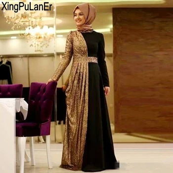 A-līnijas Garas Piedurknes Vizuļi Dzirksti Melnā Zelta Musulmaņu Vakara Kleitas 2019 Islāma Dubaija Saūda arābu Ilgi Eleganta vakarkleita