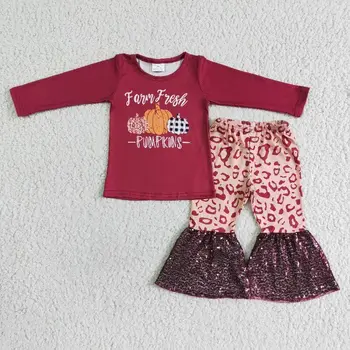 ķirbju violeta garām piedurknēm augšu un gepards flash bell grunts bikses bērniem boutique komplekti bērnu apģērbu meitene modes apģērbs