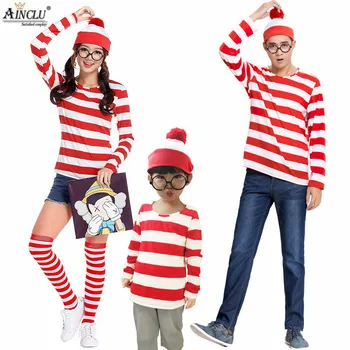 Ainlu Vecāku un Bērnu Multfilmas, Kurās ir Wally Waldo Cosplay Kostīmu Sarkanu Svītru Krekls +Cepure +Brilles+Zeķes Ziemassvētku funncy Kleita