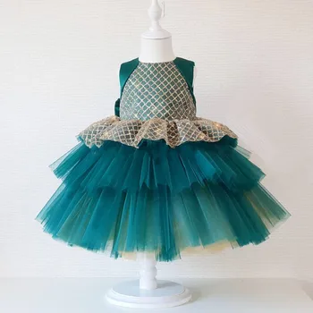 Pasūtījuma Zaļā Elsojošs Baby Girl Dress Mirdzoša Top O Kakla Ceļa Garums Toddler Zīdaiņu Birthday Party Saģērbt Ziemassvētku Kleita