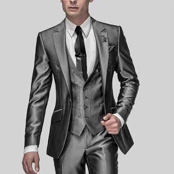 Spīdīgi Pelēks Vīriešu Uzvalki Ar Izšuvumu Kostīmu Groomsmen Līgavainis Tuxedos Vīriešu Uzvalki, Kāzu Labākais Cilvēks 3 gabali (Jaka+Bikses+Veste)