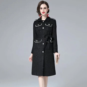 Uzrakt Mētelis Augstas Kvalitātes Dizaineru Rudens Jaunā Sieviešu Vintage Frēzēšana Pogu Melns Tvīds Elegants Modes Pusei Garām Piedurknēm Jaka
