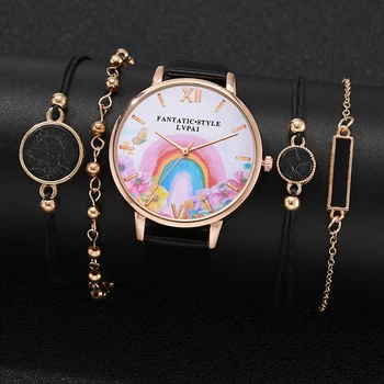 5 Gabals Premium Modes Dāmas Luksusa Ādas Siksna Varavīksnes Zieds Burtiskā Kvarca Skatīties Dāmas Pulksteņu Aproču Komplekts Reloj Mujer