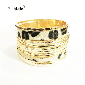 Gothletic 10pcs/Daudz Zelta krāsu, Tekstūru, Metāla Rokassprādzes & Aproces Daudzslāņu Leopard Indijas Rokassprādze Komplekts 68 MM Sieviešu Modes Rotaslietas