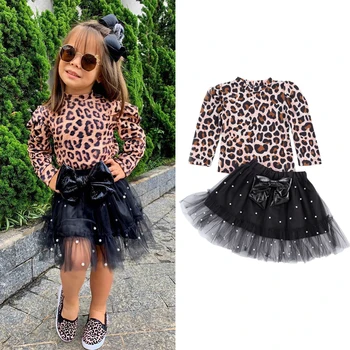 1-6Y Rudens Modes Bērniem, Baby Meitenes Leopard Apģērbu Komplekti 2gab garām Piedurknēm Džemperis T Krekli, Topi Pērle Mežģīnes Priekšgala Tutu Svārki