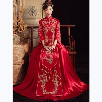 Ķīniešu Tradicionālā Izsmalcinātu Pērļu Izšuvumiem Cheongsam Kāzu Kleita Eleganta Kāzu Kleita Ķīniešu Līgava Parādīt Kimono Līgava Dr