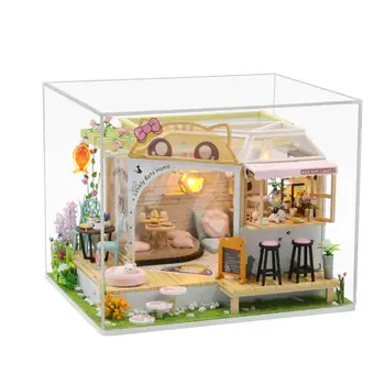 Miniatūra leļļu Namiņš ar LED Gaismas, Koka Kaķi Un Kafijas Nams Rotaļlietas