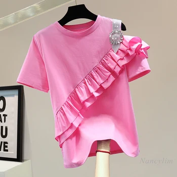 Sexy Off-Plecu Dimanta Īsām Piedurknēm T-krekls Sieviete 2022. Gada Vasaras Top korejiešu Stilā Drāzties Izšūšanas vienkrāsainu t-veida