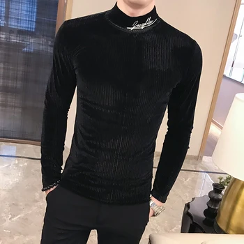 Britu Stila Vīriešu T Krekls Rudens Jaunas Trikotāžas T-Krekli Vīriešu Garām Piedurknēm Streetwear Slim Fit Gadījuma Augstu Uzrullētu Apkakli Apakšā T-Veida Krekli
