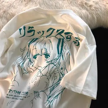 DUOFAN 100% Kokvilnas T-krekls Japāņu Anime Multfilmu Drukāt Skaista Meitene Īstermiņa piedurknēm Y2k Estētisko Sieviešu Apģērbu Lielgabarīta Topi