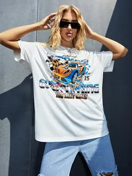 Lielgabarīta T Krekls Harajuku Ulzzang Streetwear Topi Auto Druka T Kreklu Sieviešu Vasaras Īsām Piedurknēm Gadījuma T-krekls Sieviešu Apģērbs