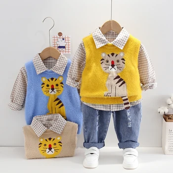 3PCS Jauns Bērnu Zēnu/Meiteņu Apģērbu Komplekti, no Kokvilnas Toddler Trikotāžas Veste+Krekls+Bikses Pavasara Rudens Modes Baby Kids Apģērbs