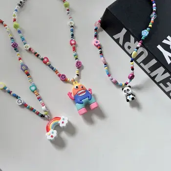 Moderns Biezumu Daļa Fāzēm Kaklarota Sievietēm, Bohēmijas Krāsains Roku Darbs Daļa Panda Monster Varavīksnes Pērļu Kaklarotu Rotaslietas