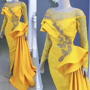 Elegants Āfrikas Vakara Kleitas Ilgi, Sirēna, Mežģīņu Aplikācijas Fāzēm Luksusa Dzeltena Vakarkleita Formālu Kleita Puse Drēbes De Saviesīgs Vakars
