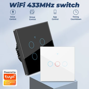 Tuya WiFi Touch Pārslēgtu Gaismas Sienas Smart Switch Universāla, Lai ES gudrās Mājas Dzīvi, Alexa, Google Home 433MHZ Tālvadības 1/2/3 Banda Jaunas