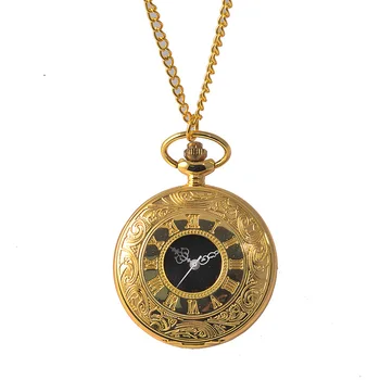 Retro kabatas pulkstenis pagriezts zelta modeli cirsts liela black dial Romas kvarca kabatas pulkstenis ar kaklarotu
