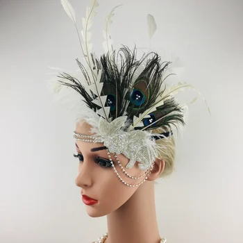 Sieviešu Vintage Spalvu Galvas Baltās krāsas Rhinestone Ķēdes Fāzēm Pieres Rotājumi 1920's Vintage Gatsby Puse Headpiece Karnevāls