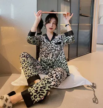 Sexy Leopards Izdrukāt Sleepwear Satīna Krekls Ar Garām Piedurknēm, Garās Pidžamas Divdaļīga Mājas Pakalpojumu, Naktsveļu Homenwear
