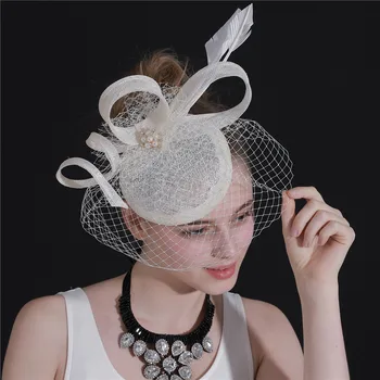 Līgavas Kāzu Ziloņkaula Fascinator Matu Piederumu Cepures Sinamay Headpiece Sieviešu Sieviešu Dāmas Plīvuri Elegants Gadījumā Sacensību Cepures