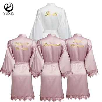 YUXINBRIDAL Violeta Jaunu Matēta Satīna Mežģīnes Drēbes ar Trim Kleita Līgavas Kāzu Līgava Halāti, Līgavas Kimono Drēbes Līgavas Tērpu