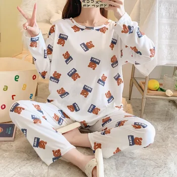 VAR MĪLESTĪBU JUMS Cute Karikatūra Meitenes ar garām Piedurknēm Sleepwear Uzstādīts Ērts Sieviešu Pidžamas Komplekts Homewear Uzvalks Sieviešu Naktskrekls Drēbes