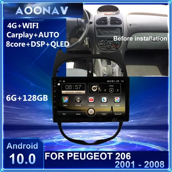 128GB 2 din Android 10.0 Auto Radio PEUGEOT 206 2001 - 2008 Multivides Video Atskaņotājs Navigācija GPS QLED carplay