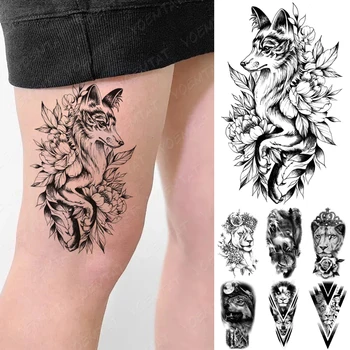 Ūdensnecaurlaidīgus Pagaidu Tetovējumu Uzlīmes Līnijas Fox Rose Puķu Flash Tatto Tīģeris, Lauva, Vilks Vainagu Body Art Roku Viltus Tetovējums Vīrieši Sievietes