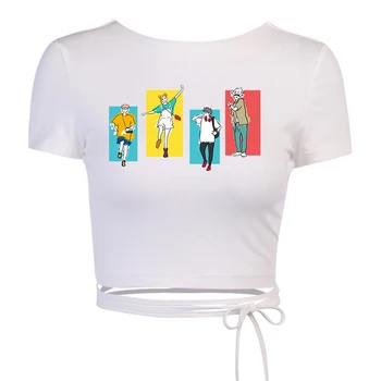 Pārsējs Backless Balts T Krekls Jujutsu Kaisen drukāt Kultūraugu Top Sievietes Y2k Estētisko Apģērbu Modes Kawaii Īsām Piedurknēm Tshirts