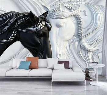 Custom tapetes, 3d modes melnā un baltā dubultā zirgu reljefs TV fona sienas dzīvojamā istaba guļamistaba hotel tapetes обои 3d
