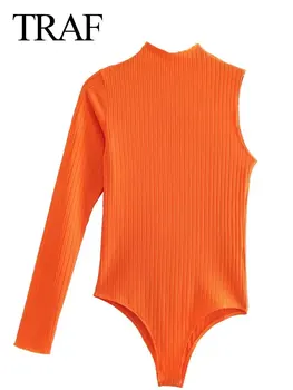 TRAF Dāma Cietā Oranžā Krāsa Bodysuit Vienkārši Asimetriska Vienas Piedurknes Sexy Stiept Bedres Svītras Pulovers Tendence Jumpsuit Sievietēm